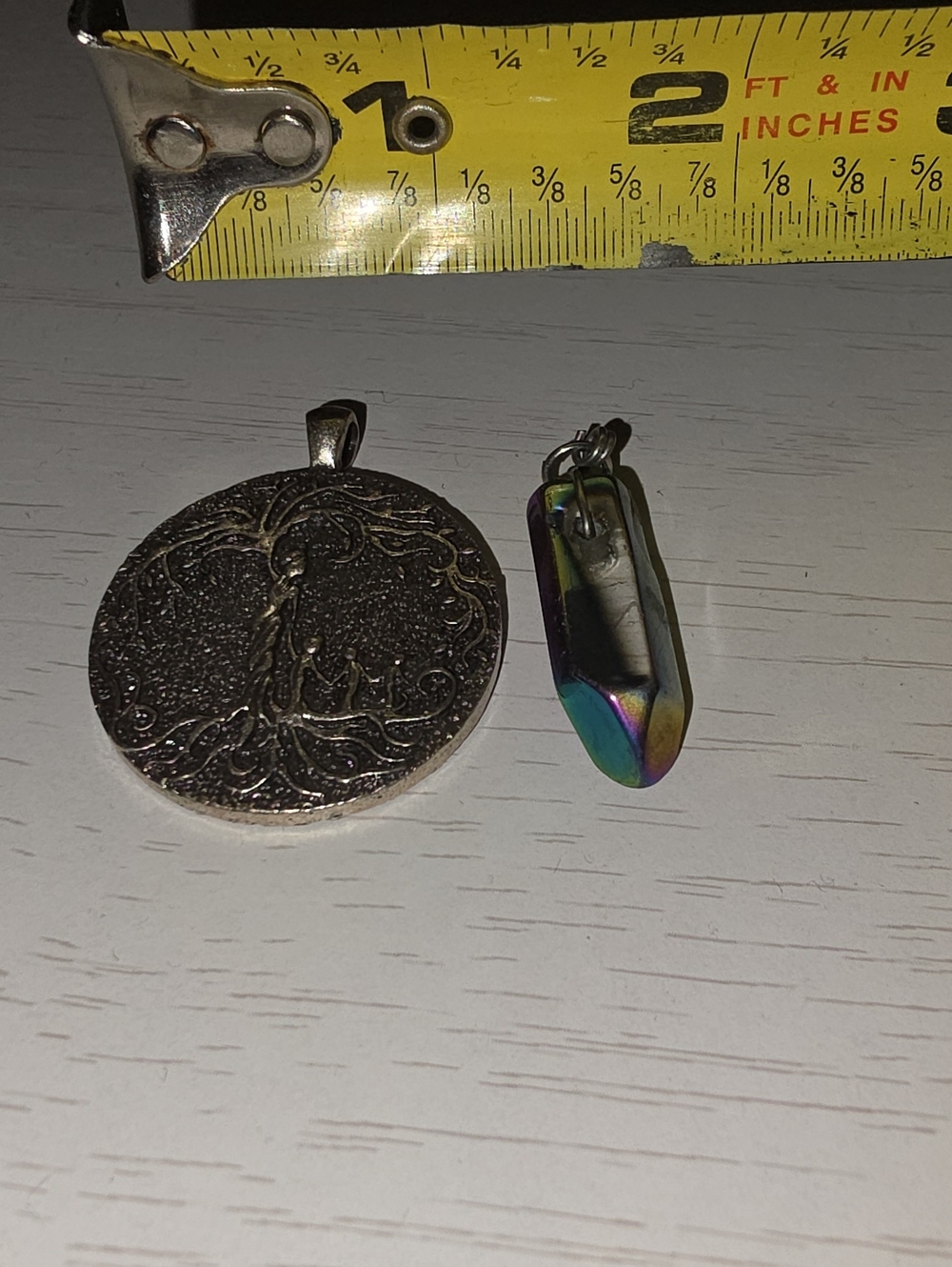 Tree of Life Round Silver Pendant + Iridescent Crystal Point Charm